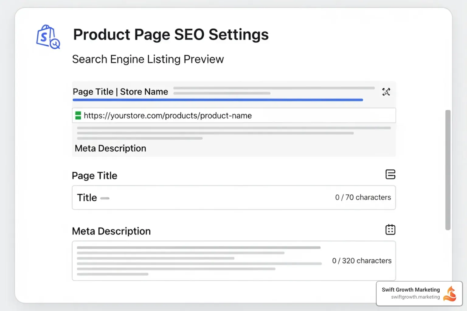Shopify product page editor showing title and meta description fields - shopify seo