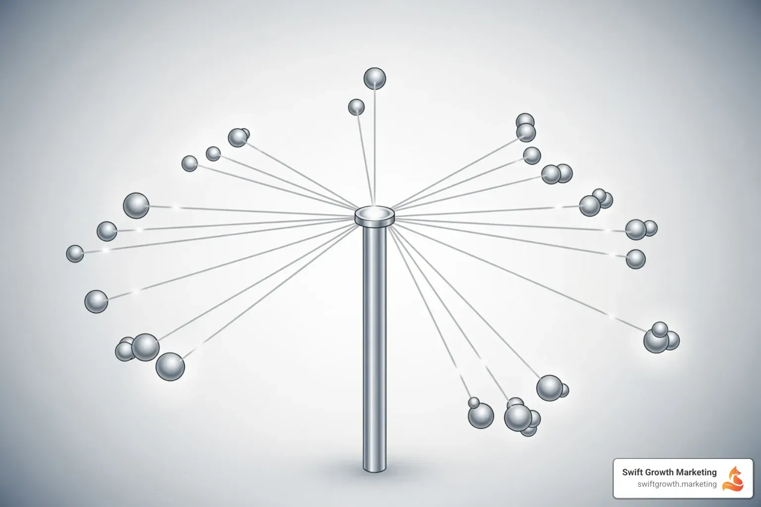 Hub-and-spoke diagram showing a central pillar page linked to multiple cluster posts, illustrating content architecture - build content authority