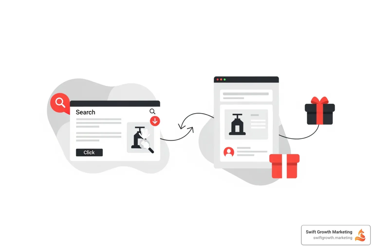 Infographic showing the customer journey: Customer searches → Keywords match search intent → Your product appears in results → Customer clicks → Product page optimized with keywords → Customer converts → Sale completed. Each step highlights the role of keyword research in connecting search queries to revenue. - ecommerce keyword research