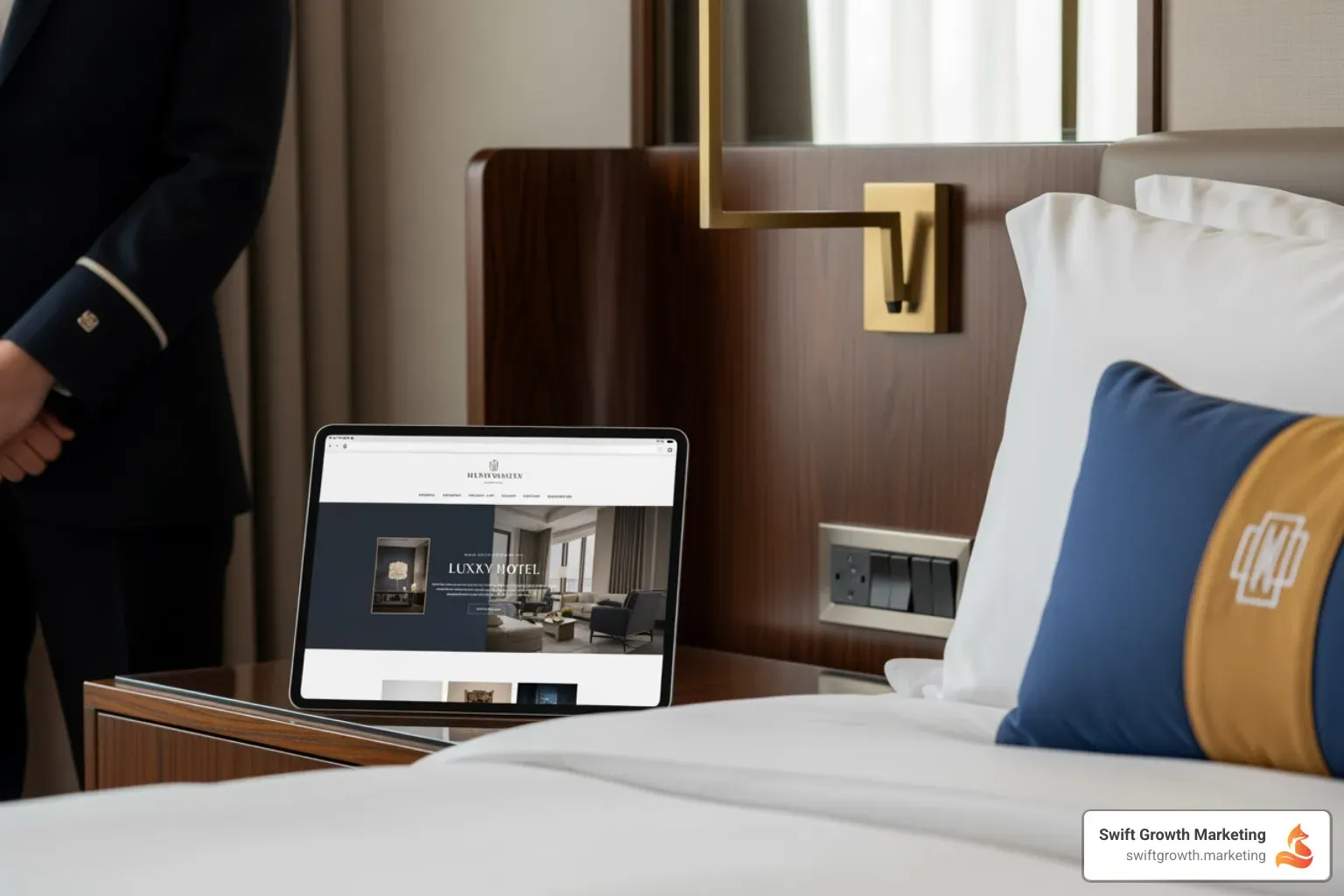 cohesive branding from a hotel's website to its room decor and staff uniforms - hospitality branding