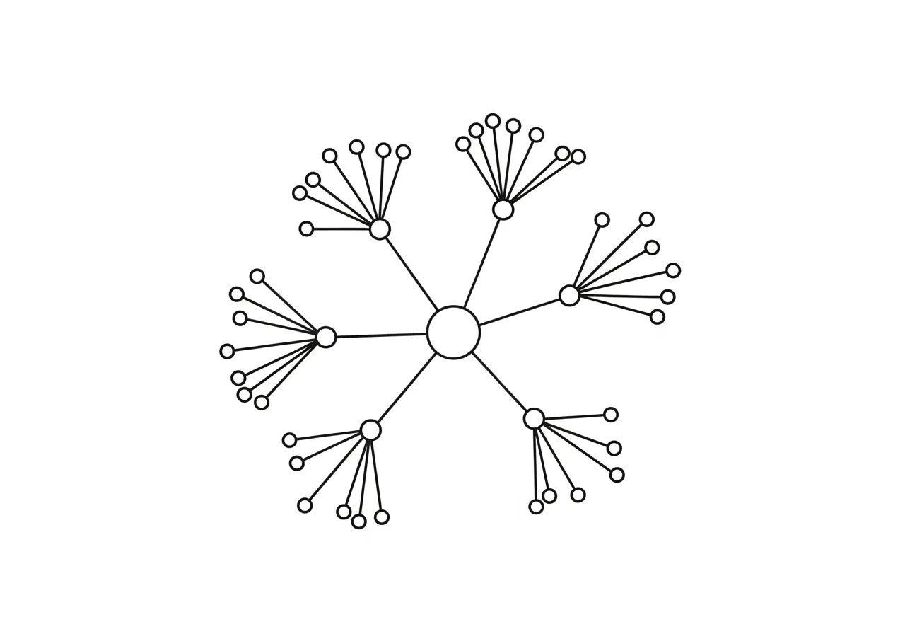 Mind map example showing a core topic "Digital Marketing" branching into subtopics like "SEO," "Content Marketing," "Social Media," and "Web Design," with further branches for specific content ideas under each subtopic. - Topical content strategy