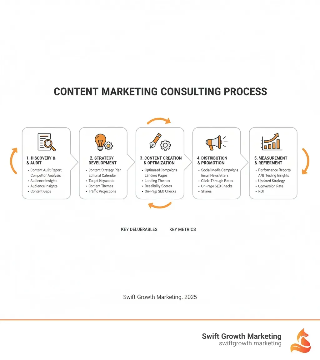 Infographic showing the content marketing consulting process: Discovery & Audit → Strategy Development → Content Creation & Optimization → Distribution & Promotion → Measurement & Refinement, with key deliverables and metrics at each stage - content marketing consulting services infographic