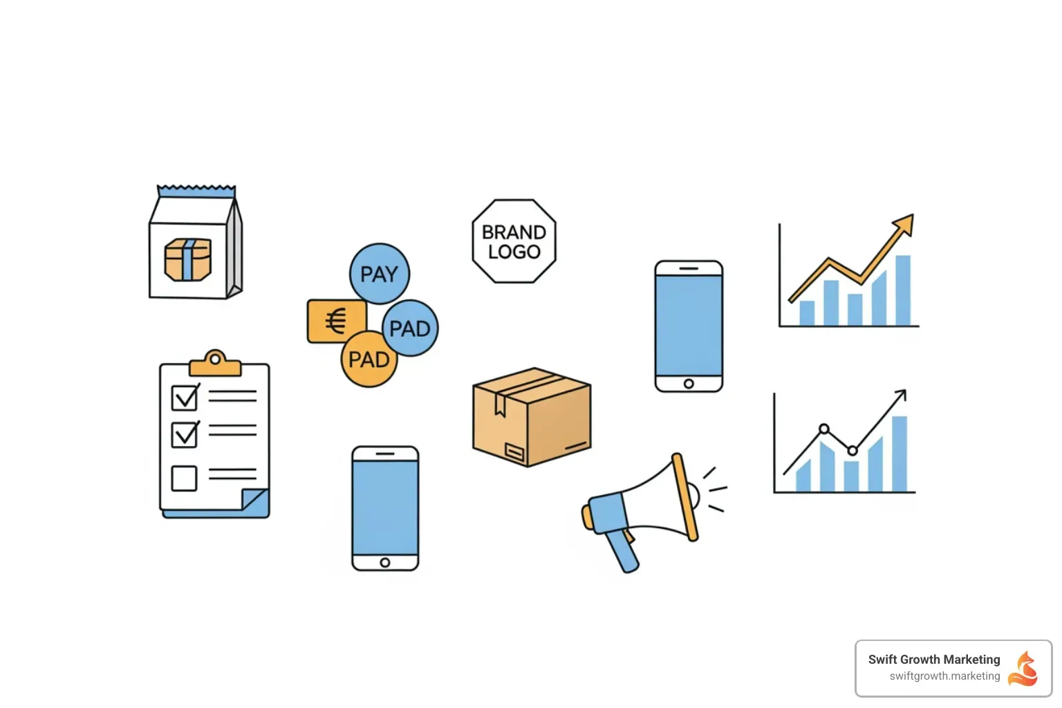Infographic showing the four phases of a Shopify store launch: Phase 1 shows a product box and brand logo representing foundation building; Phase 2 displays payment, shipping, and domain icons for core settings; Phase 3 features a checklist and mobile device for pre-launch testing; Phase 4 illustrates a megaphone and analytics chart for going live and growth - Shopify store launch