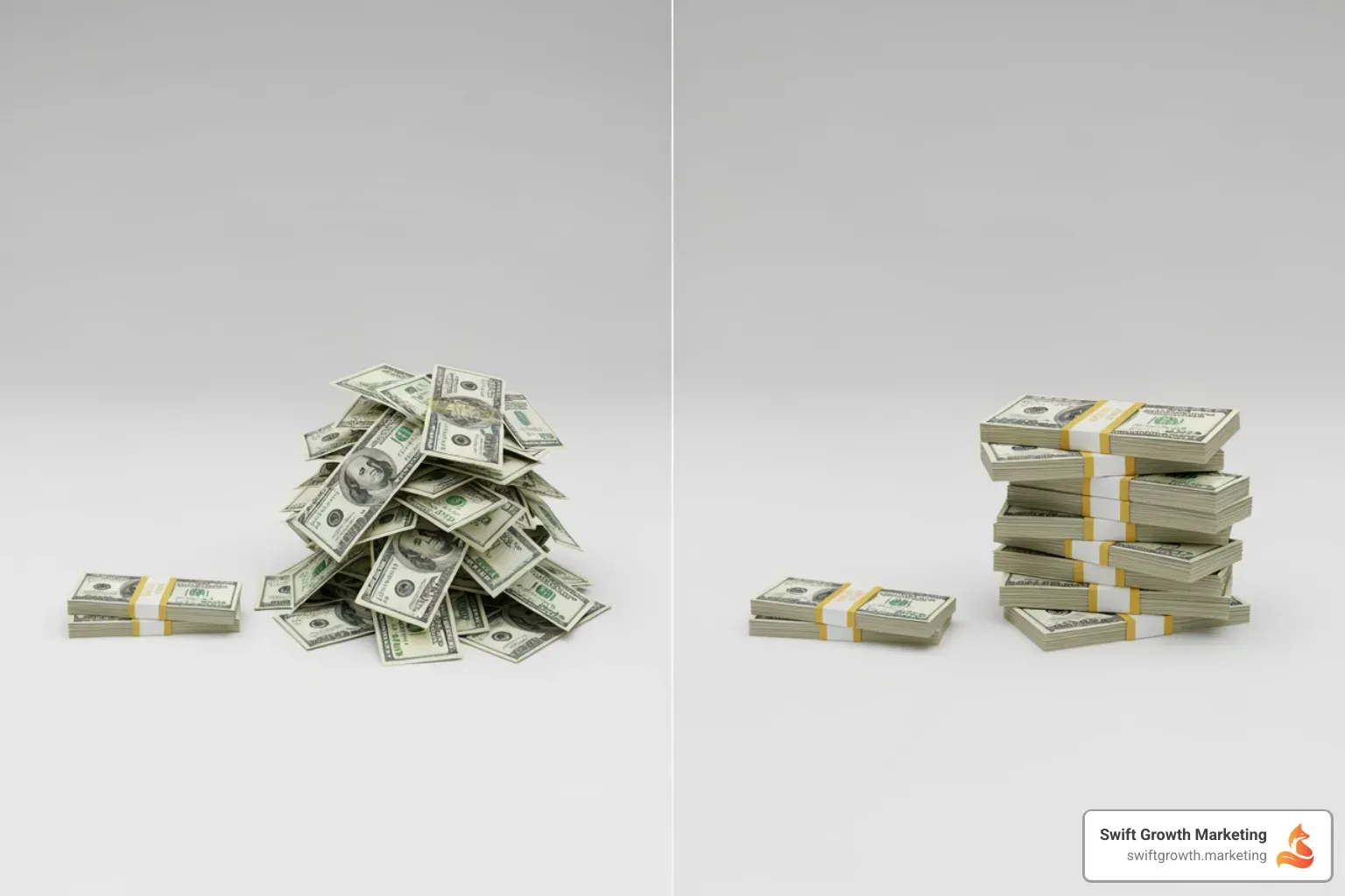 Comparison of two campaign scenarios: one with a high ROAS (e.g., $5 revenue for $1 ad spend) showing profit, and another with a low ROAS (e.g., $1.5 revenue for $1 ad spend) indicating less profit or loss - google ads formula