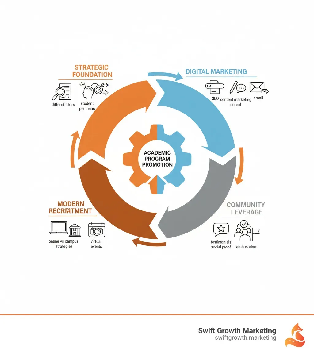 Infographic showing the key components of academic program promotion: Strategic Foundation (program differentiators, student personas, competitor analysis), Digital Marketing (SEO, content marketing, social media, email), Community Leverage (testimonials, social proof, ambassadors), and Modern Recruitment (online vs campus strategies, virtual events) - academic program promotion infographic