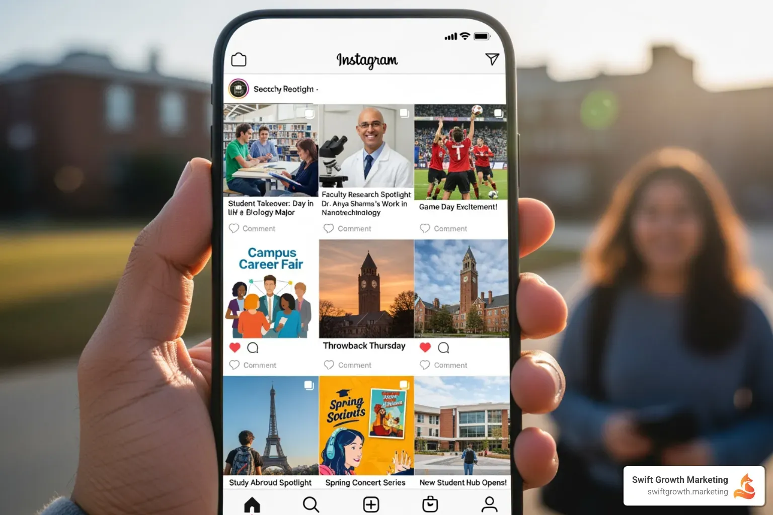 University's Instagram feed featuring student takeovers, faculty research spotlights, and campus life photos - dpt program marketing