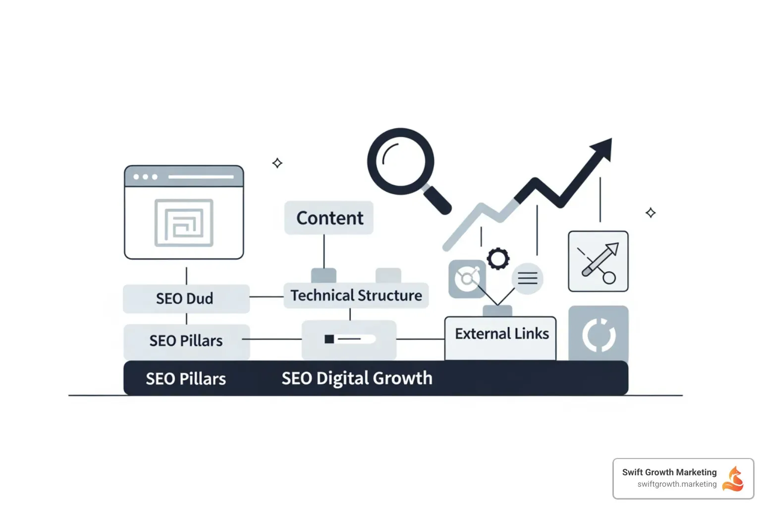 Infographic showing the SEO foundation training journey: Step 1 - Understand how search engines work (crawling, indexing, ranking); Step 2 - Learn on-page SEO (keywords, content, meta tags, structure); Step 3 - Master technical SEO (site speed, mobile-friendliness, crawlability); Step 4 - Build off-page authority (backlinks, brand mentions, reputation); Step 5 - Measure and refine (analytics, Search Console, performance tracking) - seo foundation training