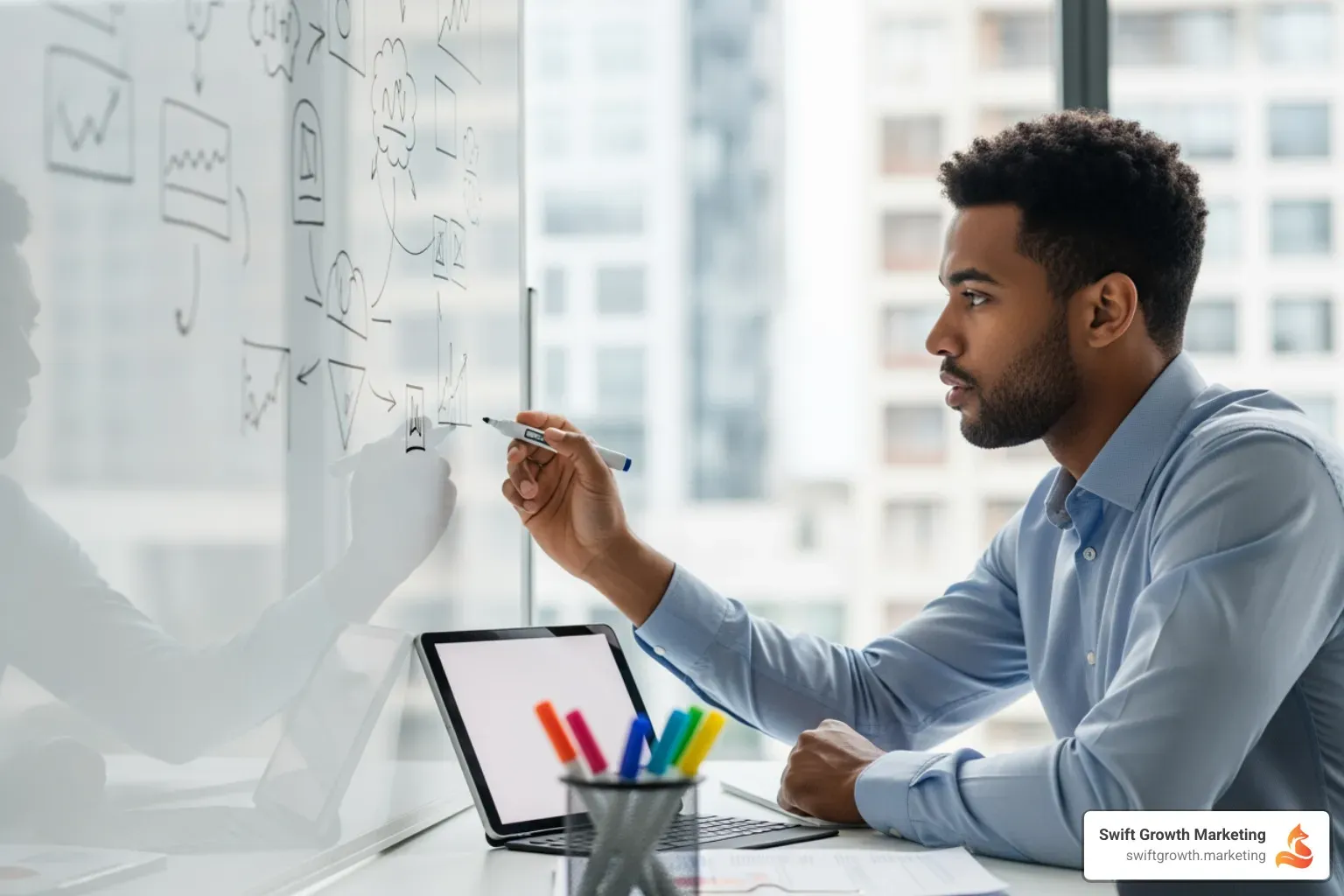 person at a desk brainstorming on a whiteboard - financial advisor branding