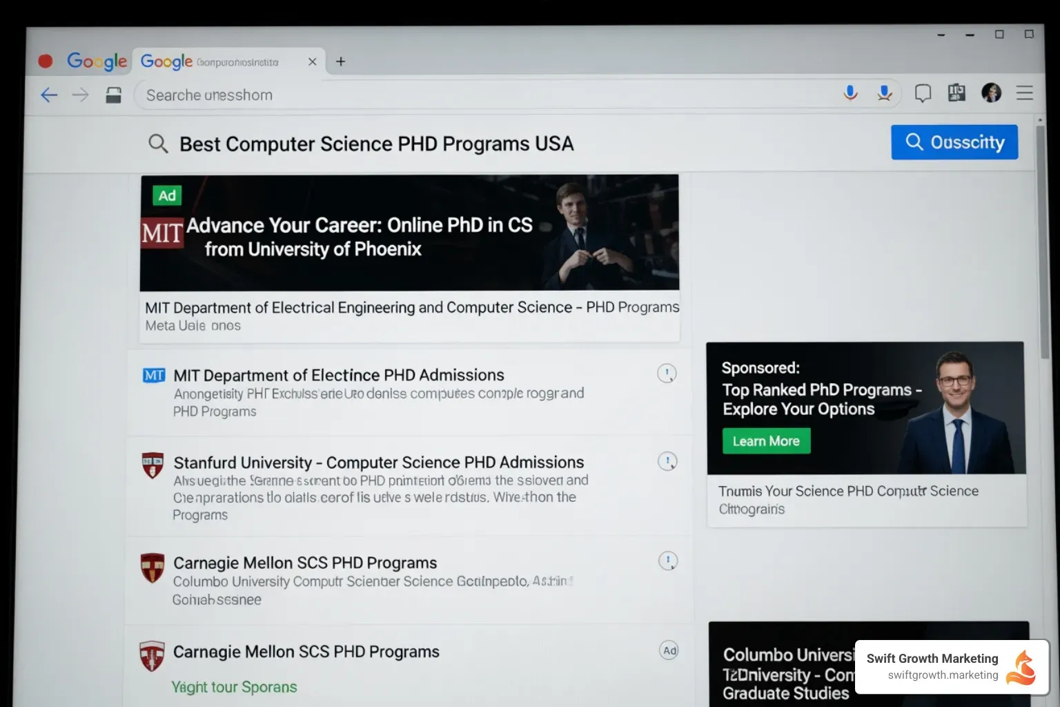 A search engine results page displaying various academic programs, with organic results prominently featuring university websites and program-specific landing pages, interspersed with paid ads. - academic program promotion