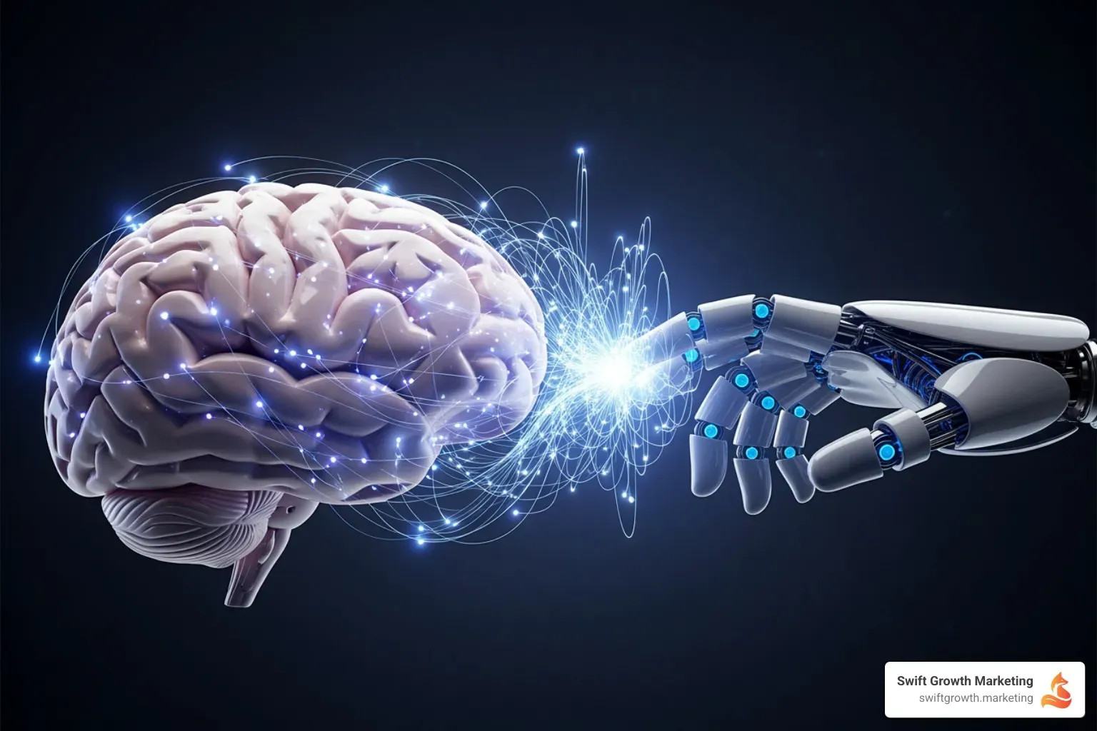 robot and a human brain connected, symbolizing AI and human search - topical map seo