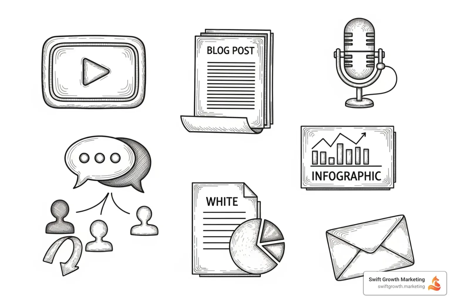 Icons representing different content types: video, blog, podcast, social media, infographic, whitepaper, email - content marketing for brands