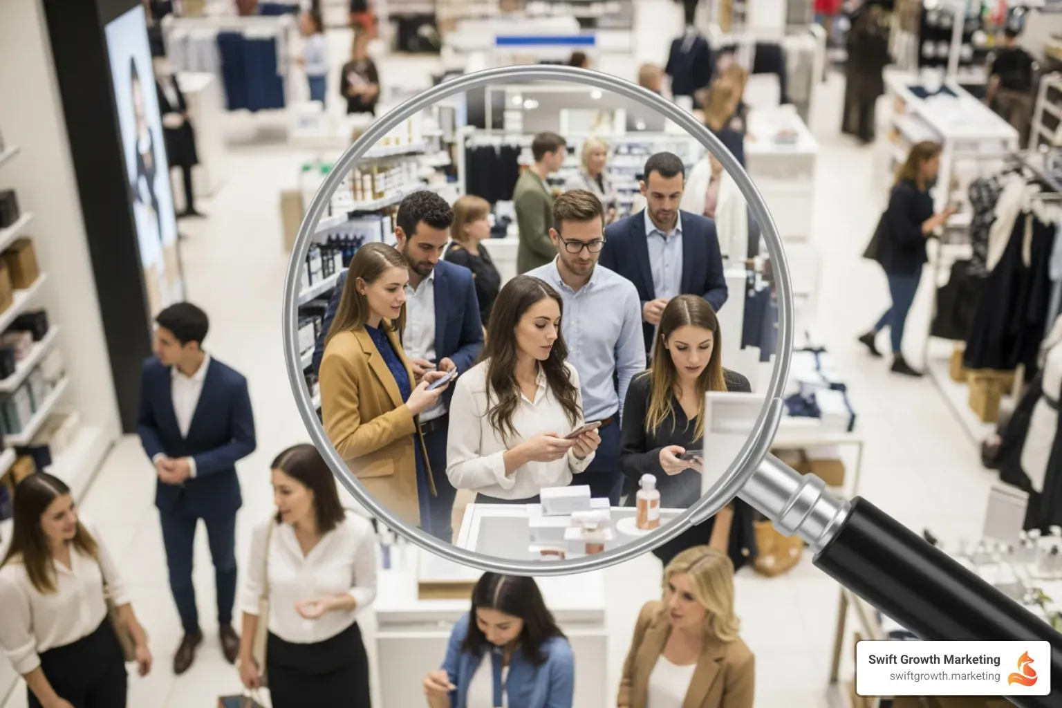 A magnifying glass over a large, diverse group of customers - growth marketing for established brands