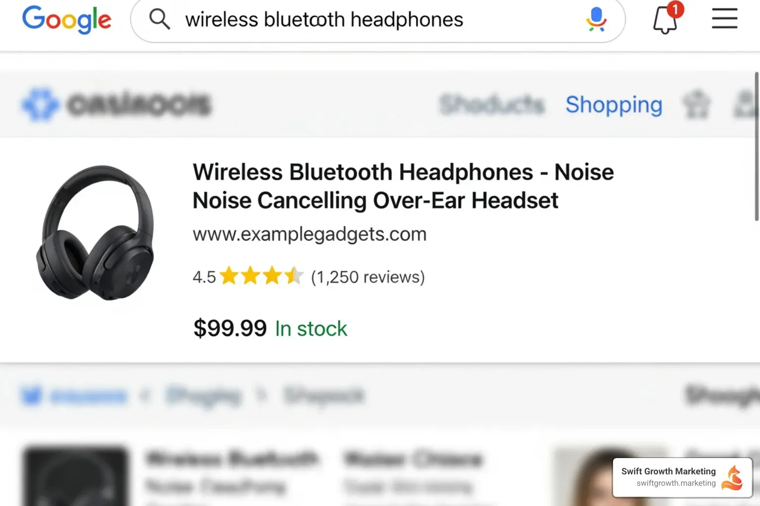 A Google search result displaying rich snippets for a product, including star ratings, number of reviews, price, and in-stock status. - technical SEO ecommerce