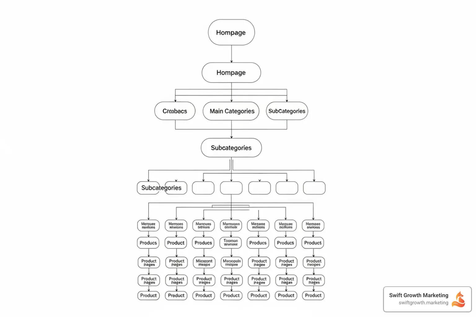 A diagram illustrating a simple, flat ecommerce site architecture with a homepage at the top, leading to main categories, then subcategories, and finally product pages, all within a few clicks. - technical SEO ecommerce