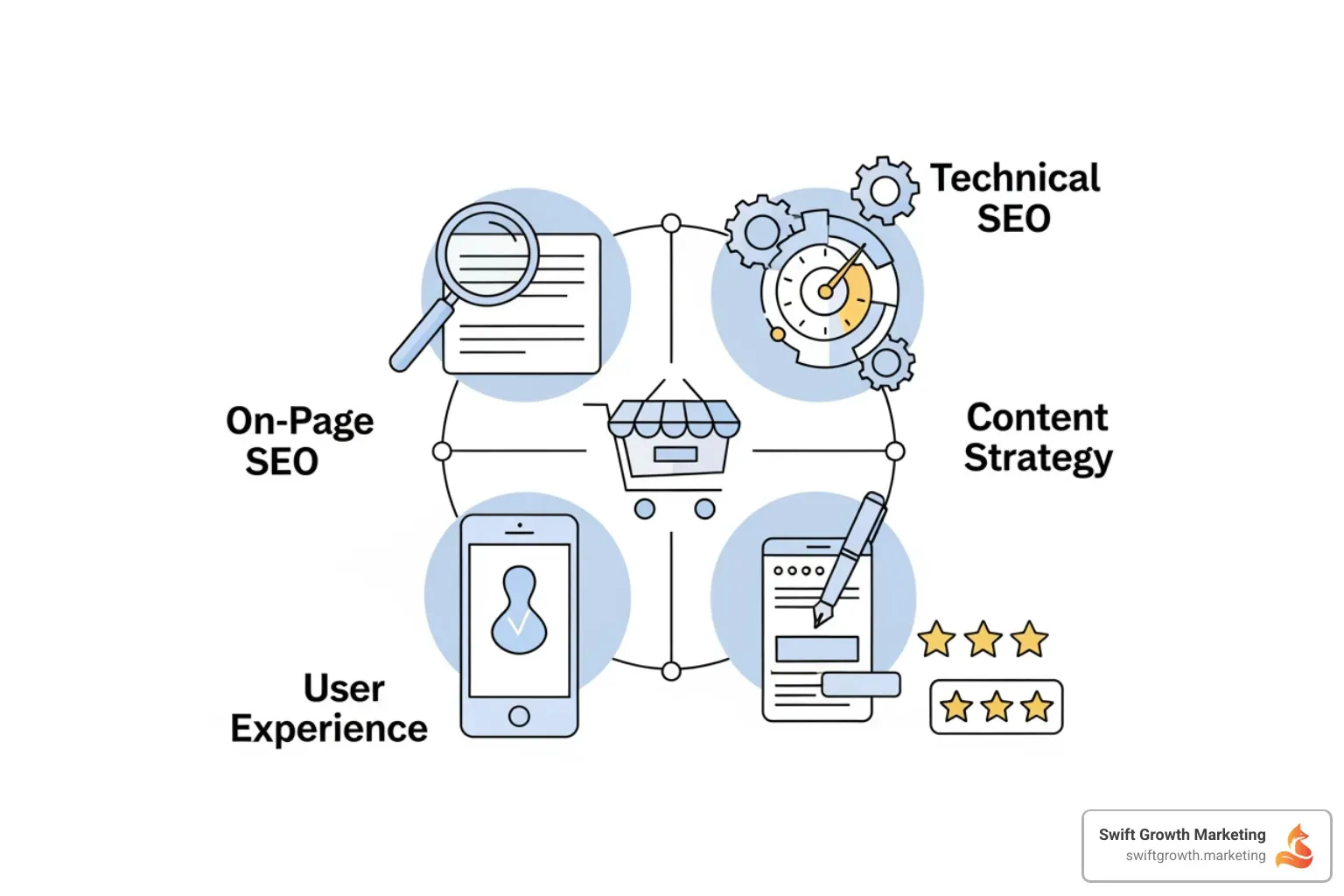 Infographic showing the four pillars of product page SEO: On-Page SEO elements including keyword-optimized titles and descriptions, Technical SEO factors like page speed and structured data, User Experience components such as mobile optimization and clear navigation, and Content Strategy featuring unique descriptions and user reviews - product page SEO