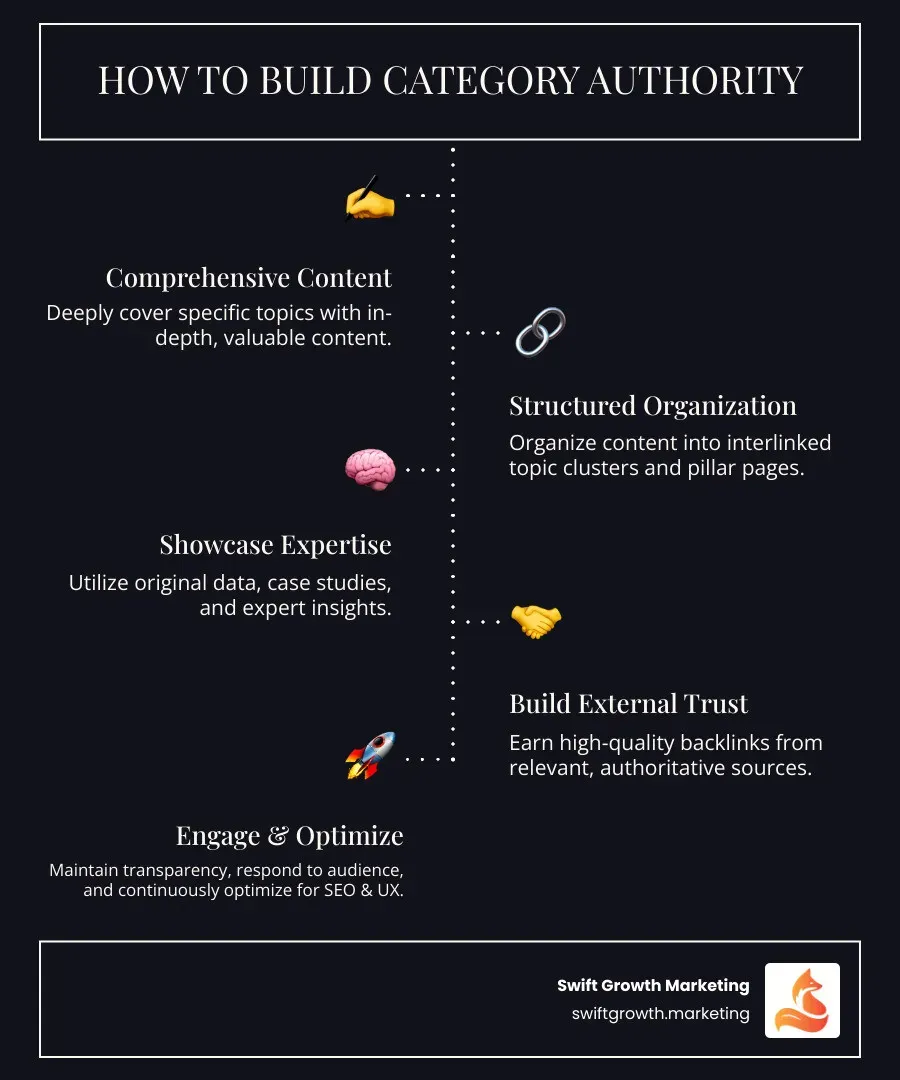 Infographic detailing key steps to build category authority, showing content creation, topic clusters, expert sourcing, and SEO leading to increased trust and rankings - build category authority infographic infographic-line-5-steps-dark