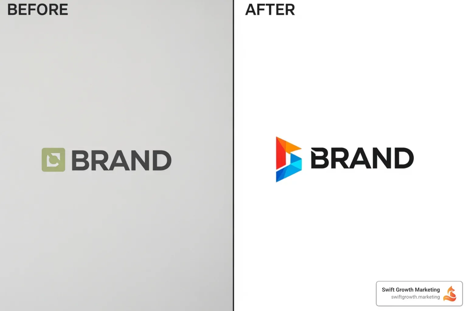 A split screen showing a dull, generic brand identity on one side and a vibrant, modern brand identity on the other, representing a before-and-after brand refresh. - brand studio services