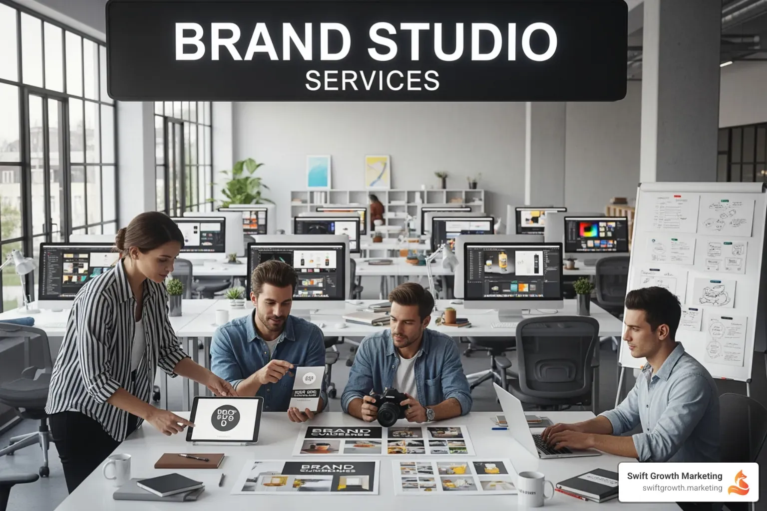 A monitor displaying a clean, organized brand guidelines website, with sections for logo usage, color palette, typography, and imagery. - brand studio services