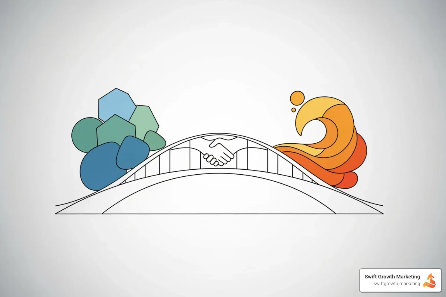 A stylized bridge connecting two teams, one labeled "PR" and the other "SEO", symbolizing integration and collaboration - Digital PR for SEO