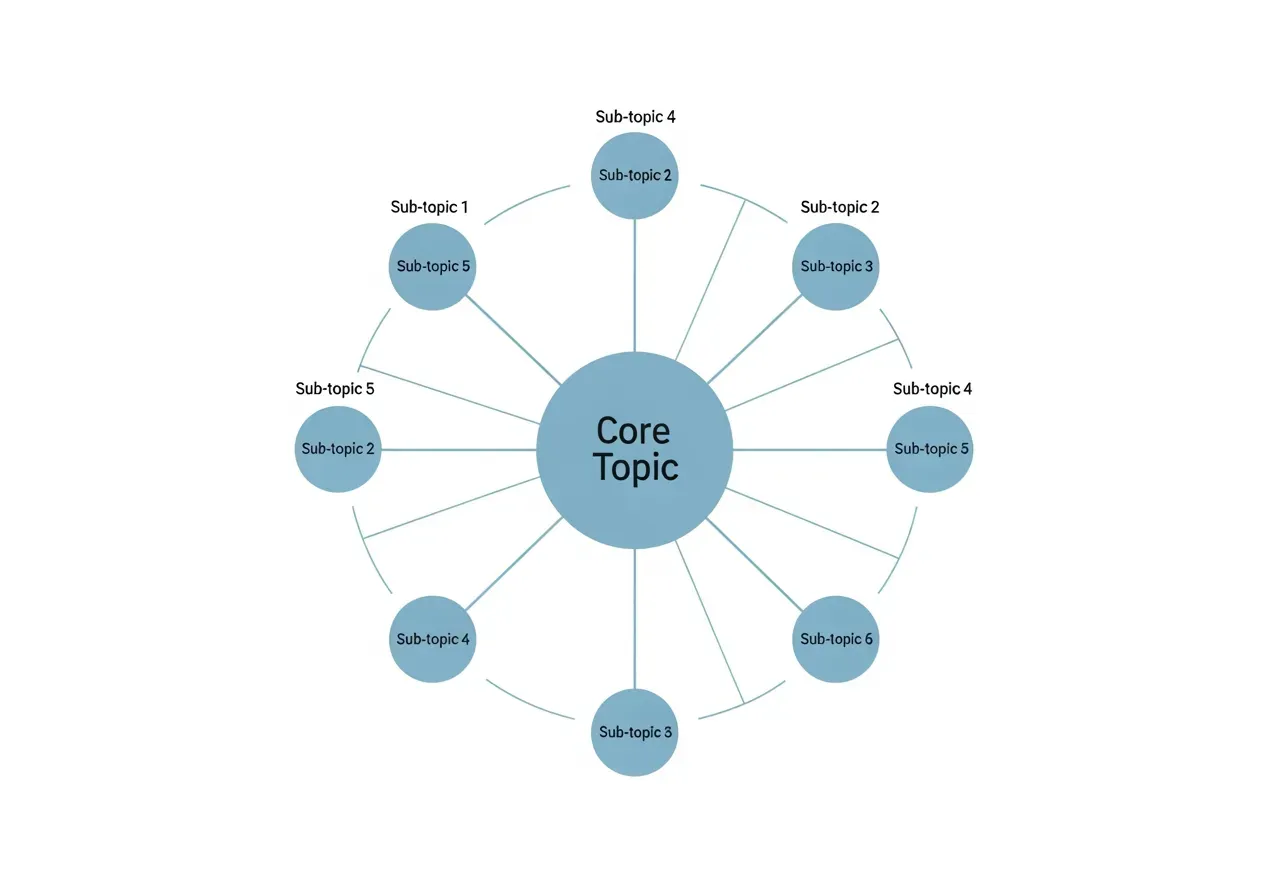 Diagram showing a central pillar page titled "SEO Services" with lines connecting to multiple surrounding cluster content pieces such as "Local SEO for Small Businesses," "Technical SEO Audit Checklist," "Link Building Strategies 2024," and "Keyword Research Guide." All cluster pieces also have internal links to each other. - Topical content strategy
