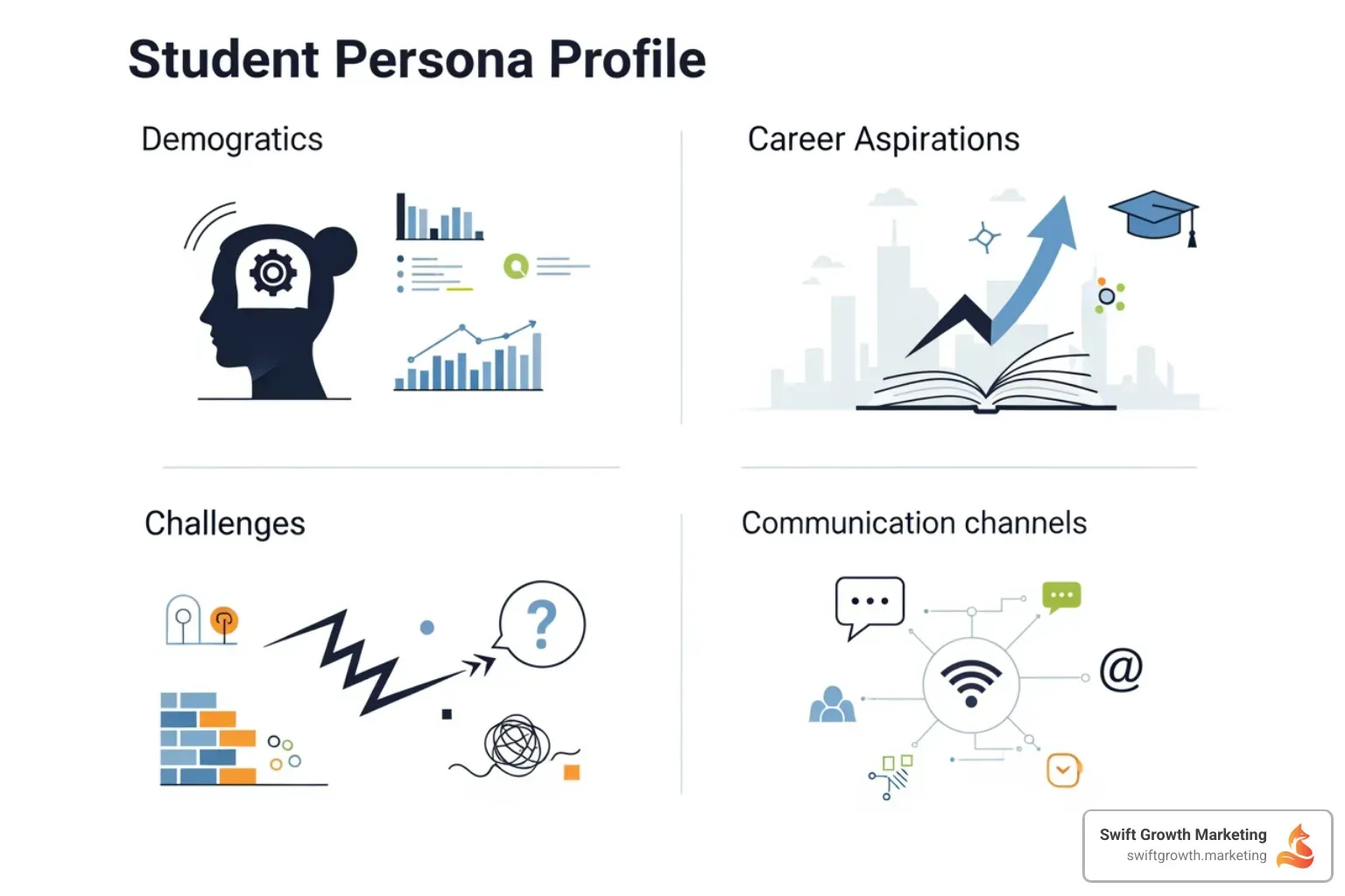 A student persona template filled out with details for a prospective graduate student named "Maria," including her demographics, career aspirations, challenges (e.g., balancing work/study), and preferred communication channels (e.g., LinkedIn, email). - academic program promotion