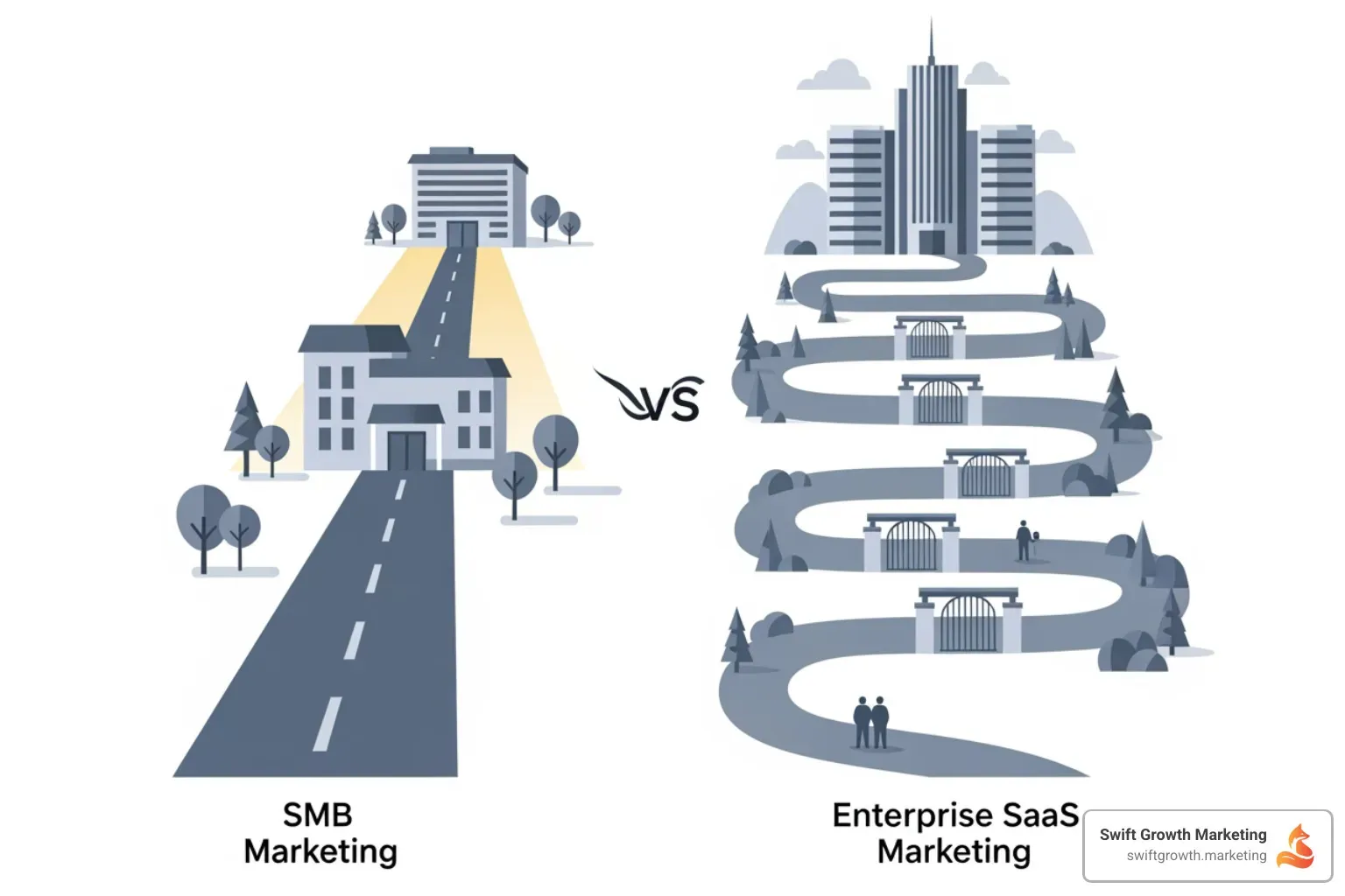 Infographic comparing Enterprise SaaS Marketing vs SMB SaaS Marketing showing sales cycle length of 6-12+ months vs under 90 days, ACV ranges of $25K-$1M+ vs $1K-$25K, buying committee size of 5-10+ stakeholders vs 1-3 decision-makers, primary motion of sales-led ABM vs product-led growth, higher CAC with higher LTV vs lower CAC with lower LTV, and key challenges of navigating complexity vs scaling volume - enterprise saas marketing