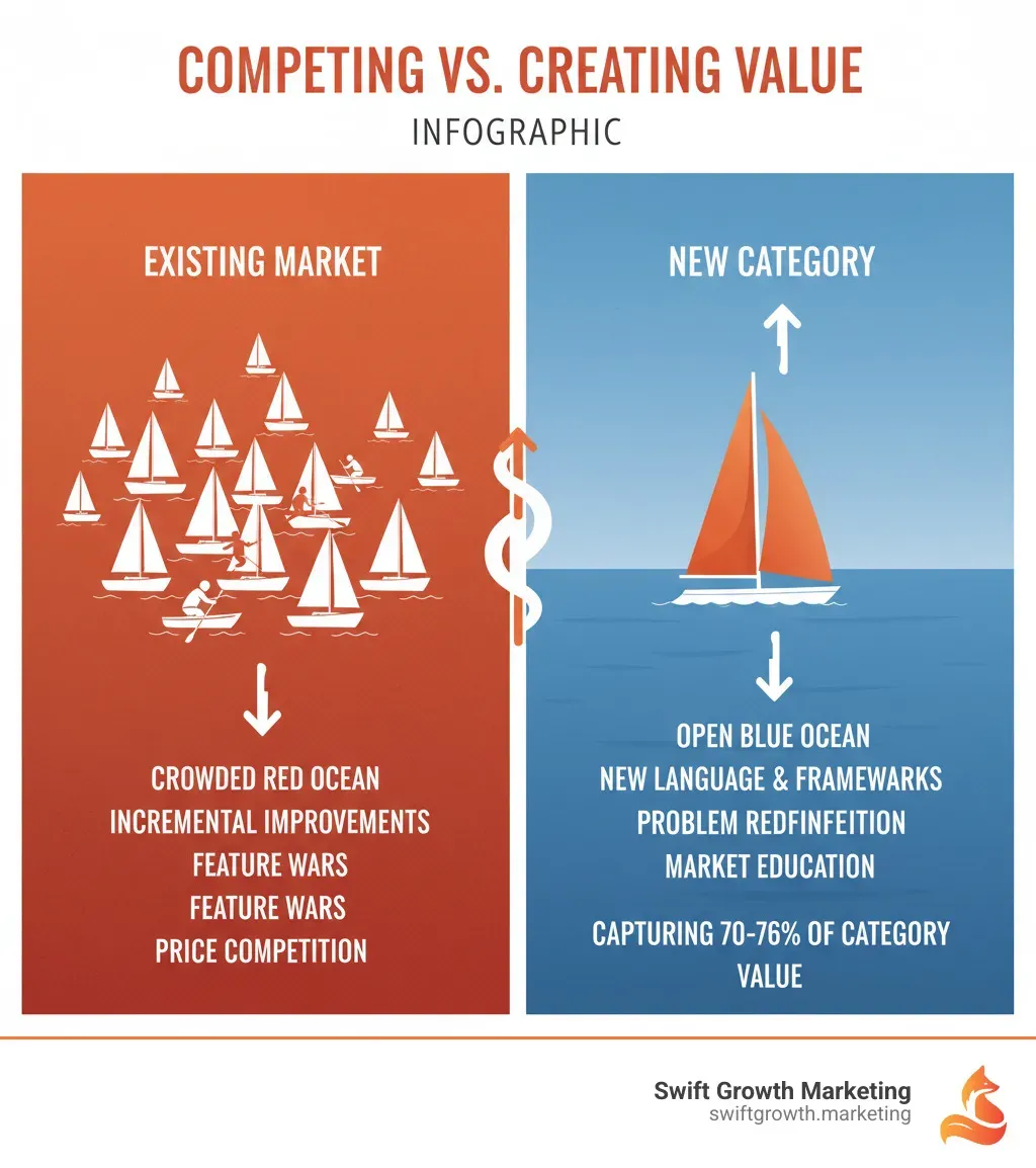 Infographic showing the key differences between competing in an existing market (crowded red ocean with multiple boats fighting for space, incremental improvements, feature wars, price competition) versus creating a new category (open blue ocean with a single boat, new language and frameworks, problem redefinition, market education, capturing 70-76% of category value) - category defining brand infographic