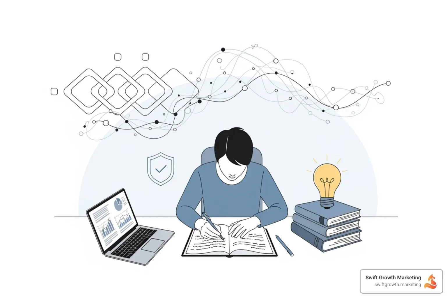 Infographic showing the complete process of authoritative content creation: start with foundational research including audience pain points and keyword analysis, move to content creation with original research and expert citations, demonstrate E-E-A-T through author credentials and case studies, measure success with organic visibility and backlink metrics, and maintain authority through regular updates and fresh insights - authoritative content creation