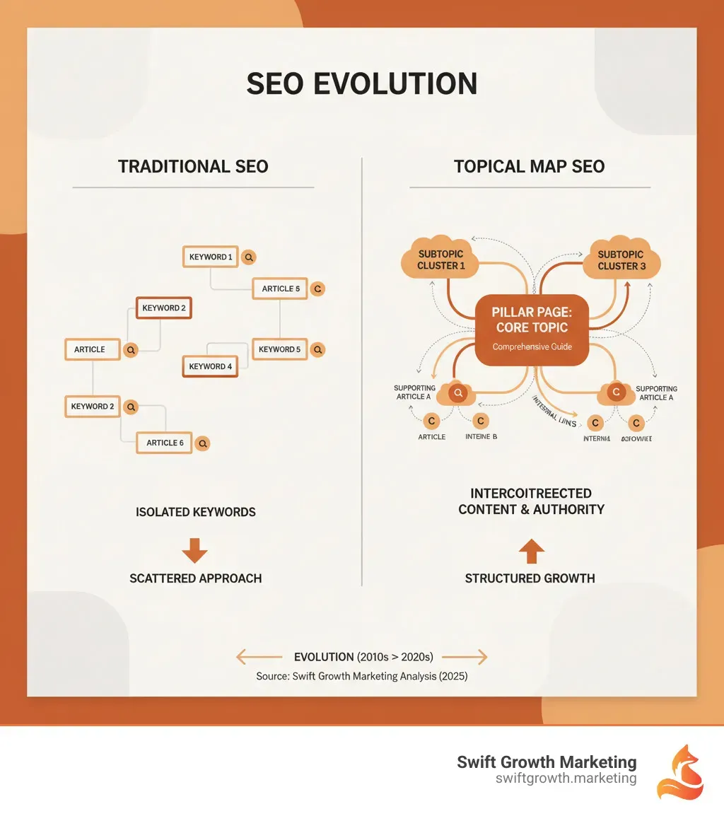 Infographic showing the evolution from traditional keyword-focused SEO (isolated keywords with individual articles) to modern topical map SEO (interconnected topic clusters with pillar pages at the center, supporting subtopic pages branching out, and internal links connecting related content to build comprehensive topical coverage and authority) - topical map seo infographic