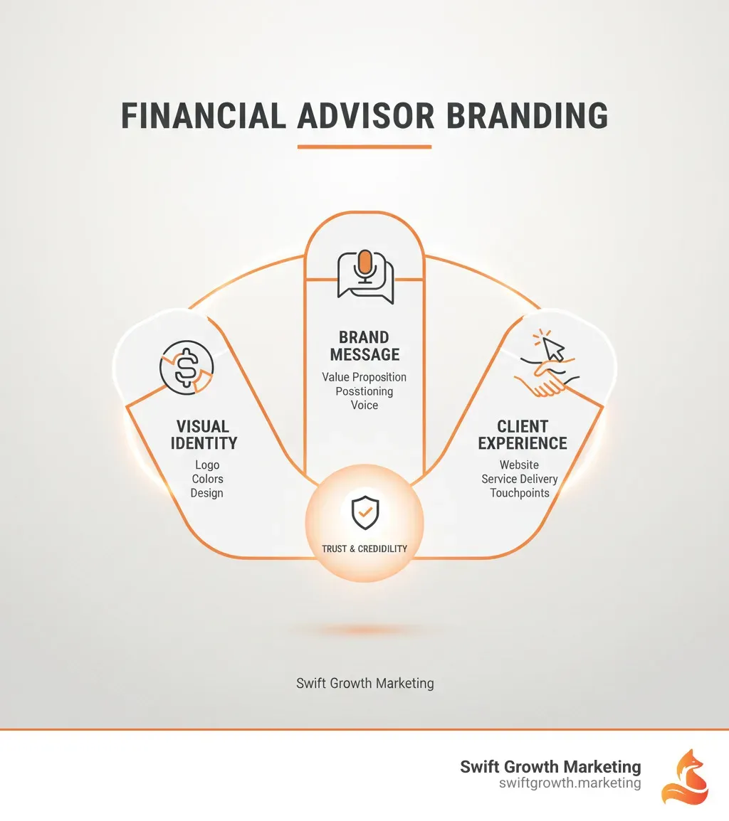 Infographic showing the three pillars of financial advisor branding: Visual Identity (logo, colors, design), Brand Message (value proposition, positioning, voice), and Client Experience (every touchpoint from website to service delivery) - financial advisor branding infographic