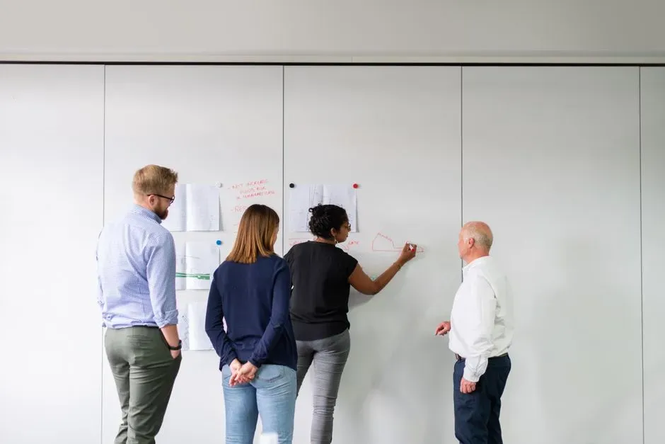 A diverse team collaborating on a whiteboard. - category defining brand
